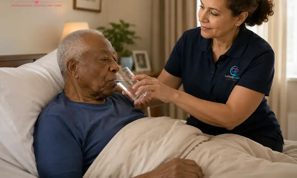 A carer in Luxuricare uniform holding a glass of water for a gentleman resting in bed
