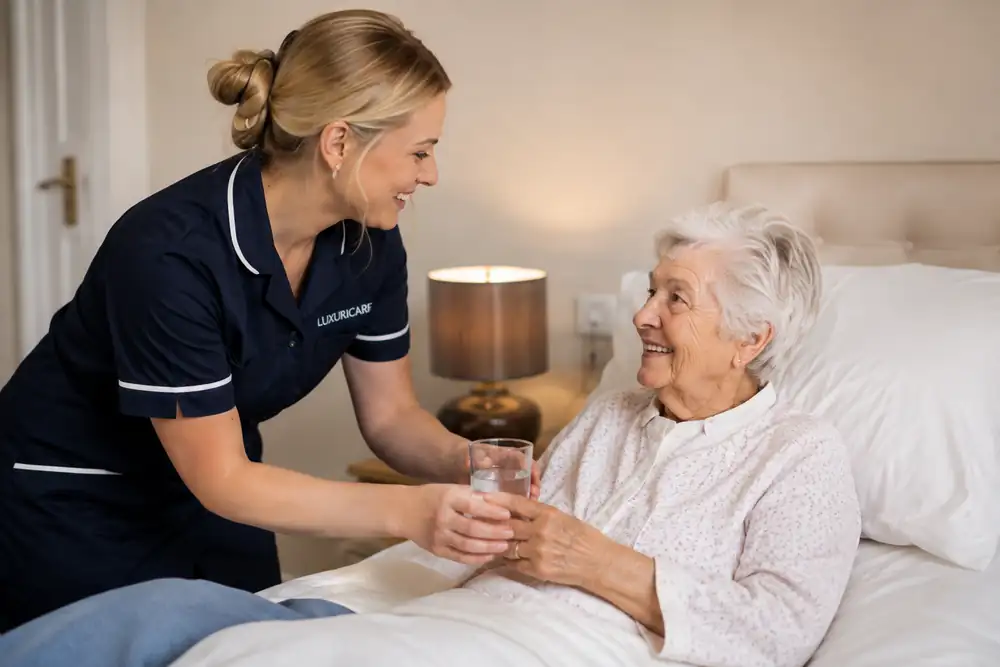 A carer in Luxuricare uniform passing a glass of water to a lady sitting up in bed under lamplight