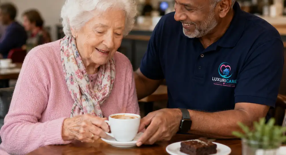 A lady and a carer in Luxuricare uniform sitting together over coffee and cake in a café