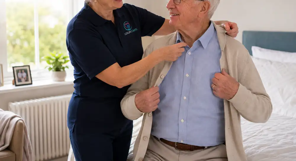 A carer in Luxuricare uniform helping a gentleman into his cardigan at the side of his bed