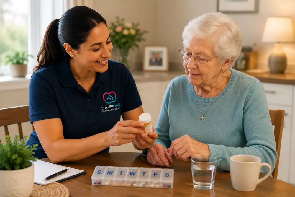 A carer in Luxuricare uniform going through a weekly medication organiser at a table with a lady