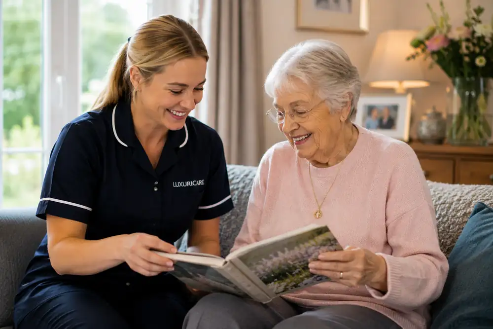 A carer in Luxuricare uniform looking through a photograph album with a lady on her sofa