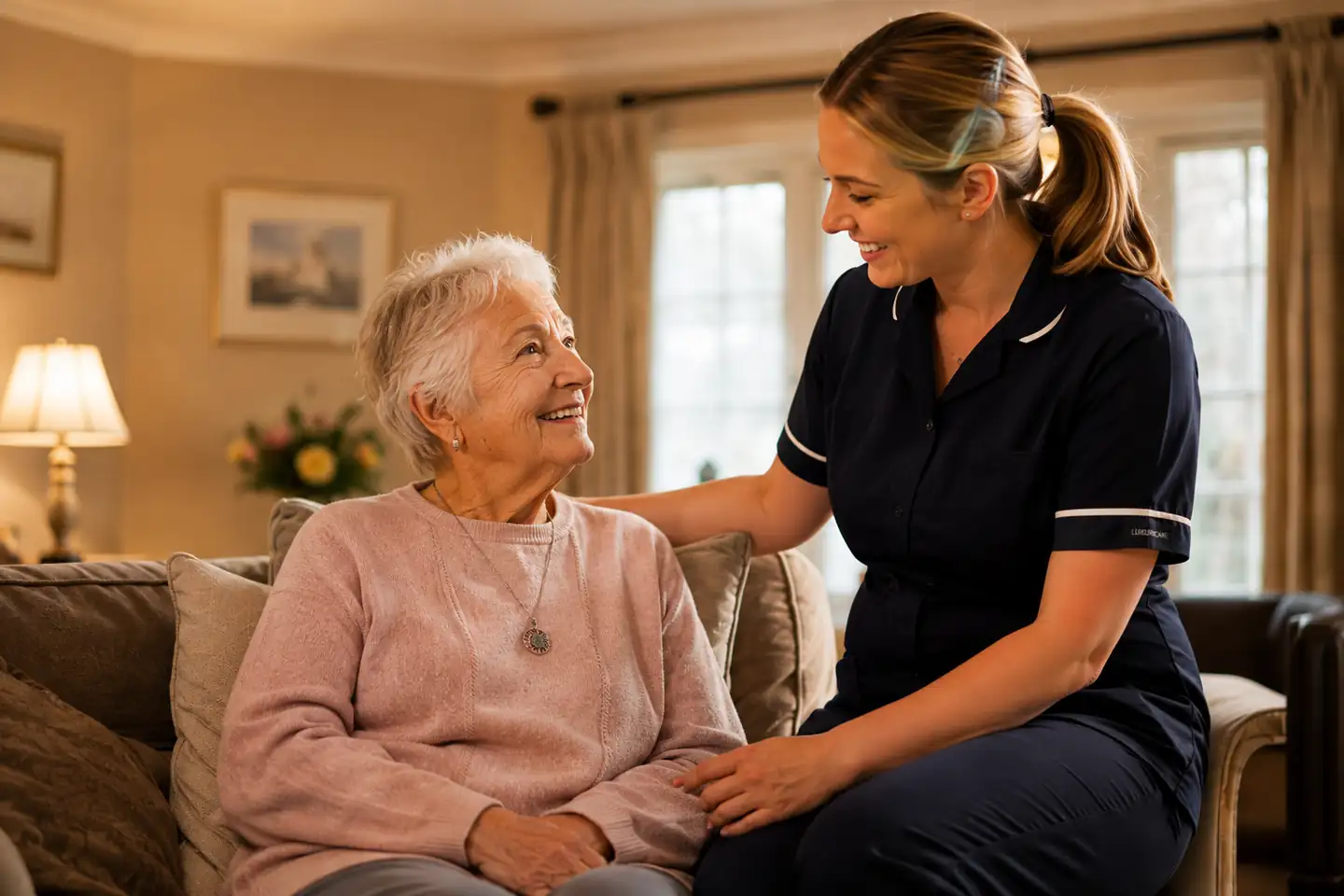 A carer in Luxuricare uniform sitting with a lady in her living room, the two of them talking