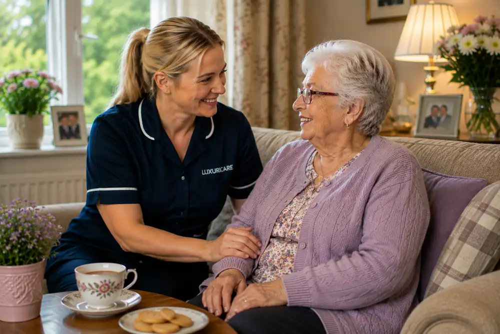 A carer in Luxuricare uniform sitting with a lady on her sofa over a pot of tea and biscuits