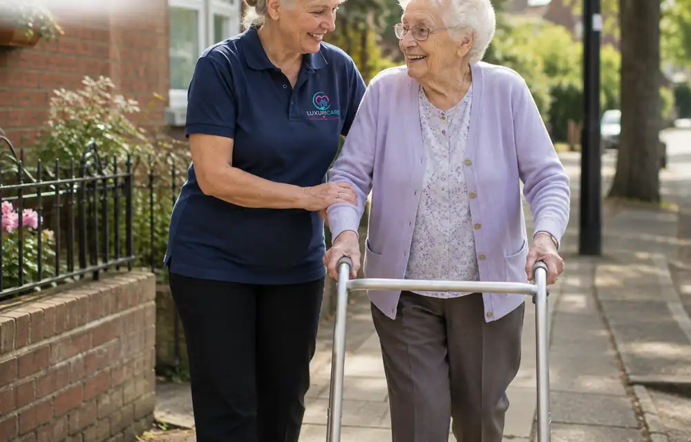 A carer in Luxuricare uniform walking alongside a lady using a walking frame on a residential street